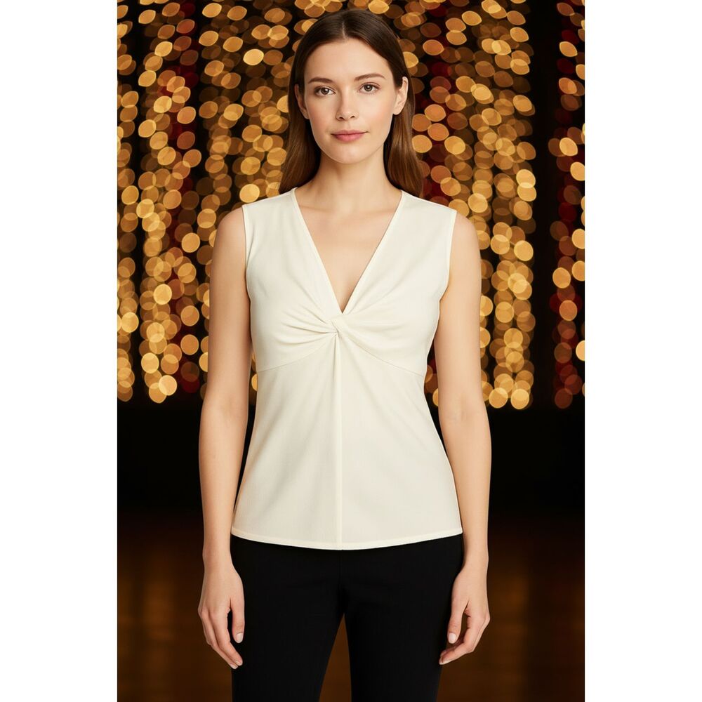 St. John Couture Ivory Silk Draped Twist Front Sleeveless Top Size 16